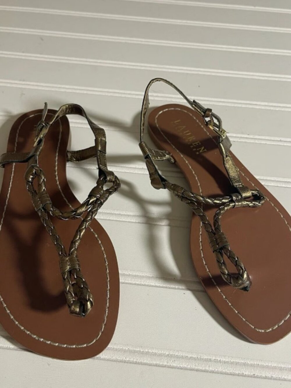 Lauren Ralph Lauren Leather Braided Slingback Thong Sandals Women's 5.5B Gold - Picture 2 of 12